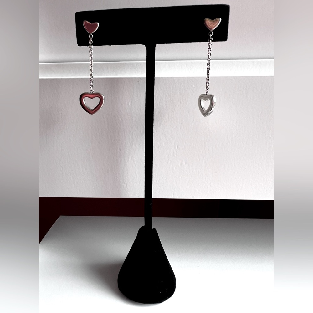 Tiffany & Co Silver Heart Drop Lariat Dangle Earrings